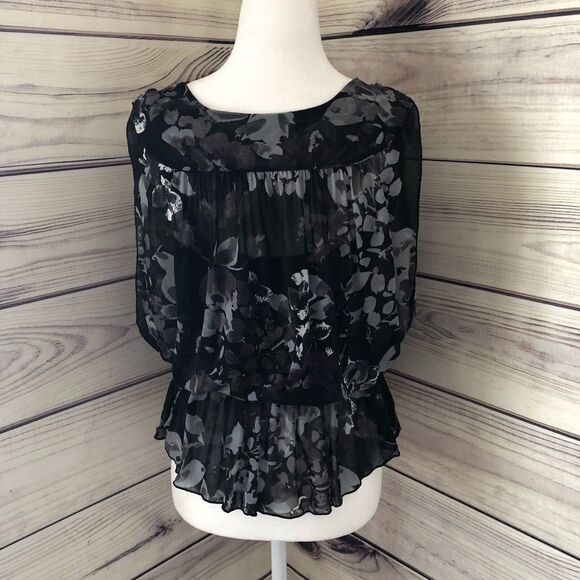 Express Floral Black Peplum Wrap Tank Blouse XS - Picture 5 of 7
